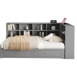 Lit Gigogne en Bois 90/180x190 cm - Lit Enfant avec Rangement, Tiroirs et Prise Électrique, Sommier à Lattes, Gris><noscript><img width=
