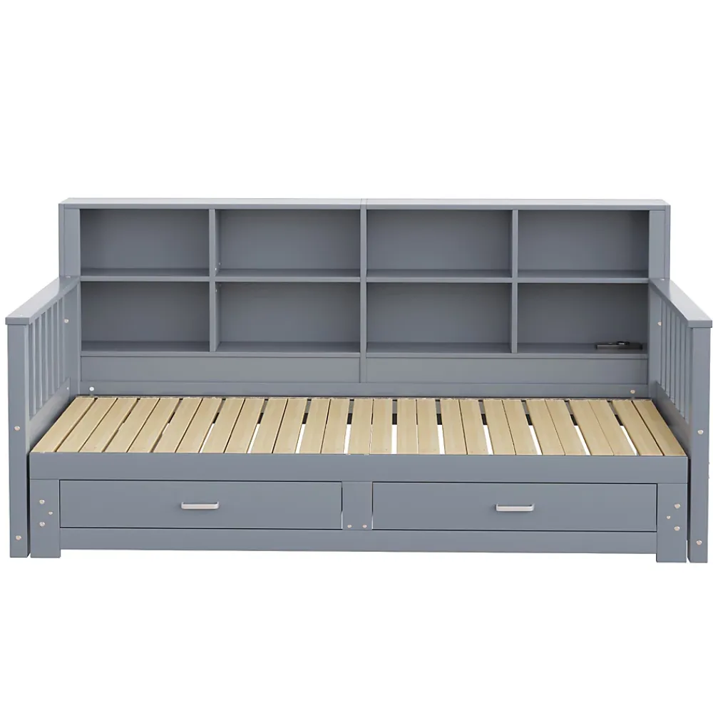 Okwish Lit Gigogne en Bois 90/180x190 cm Extensible avec Tiroirs et Prise USB, Lit Multifonction avec Rangement, Gris* Lit Gigogne