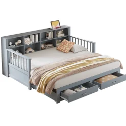 Okwish Lit Gigogne en Bois 90/180x190 cm Extensible avec Tiroirs et Prise USB, Lit Multifonction avec Rangement, Gris* Lit Gigogne