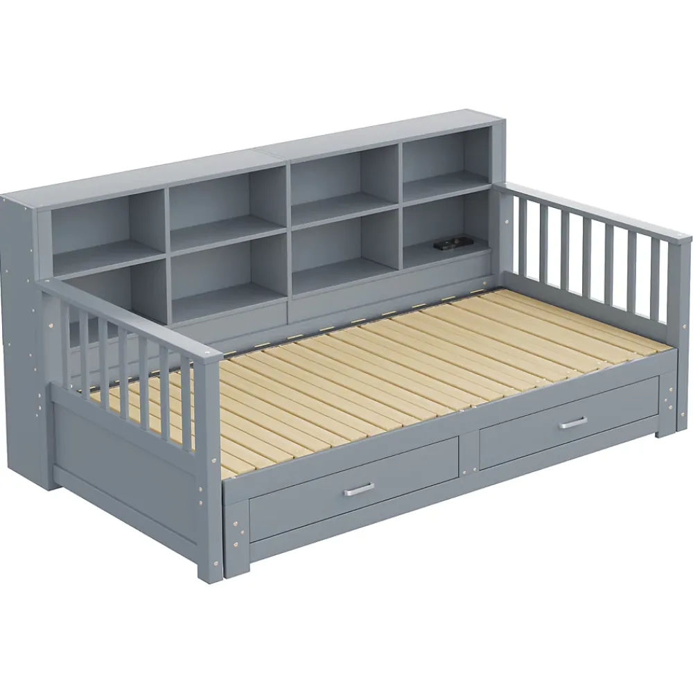 Okwish Lit Gigogne en Bois 90/180x190 cm Extensible avec Tiroirs et Prise USB, Lit Multifonction avec Rangement, Gris* Lit Gigogne