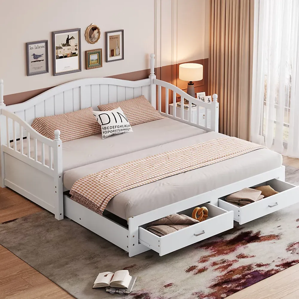 Okwish Lit Gigogne en Bois 90/180x190 cm Extensible avec Tiroirs et Sommier Intégré, Lit Multifonction pour enfant ou Adulte, Blanc* Lit Gigogne