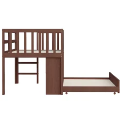 Okwish Lit Gigogne enfant 90x200 cm avec Lit Tiroir, Échelle, Tableau à Gribouillis et Rangement Intégré - Sans Matelas - Bois Marron* Lit Gigogne