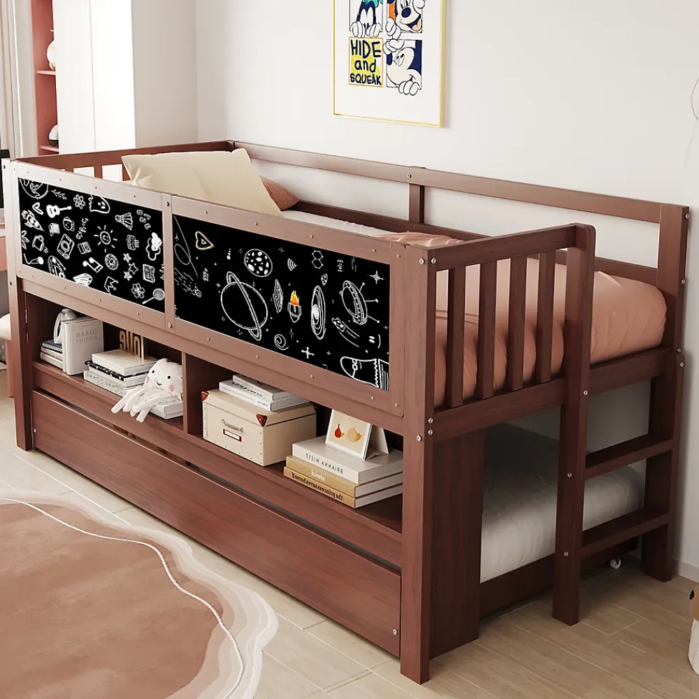 Okwish Lit Gigogne enfant 90x200 cm avec Lit Tiroir, Échelle, Tableau à Gribouillis et Rangement Intégré - Sans Matelas - Bois Marron* Lit Gigogne