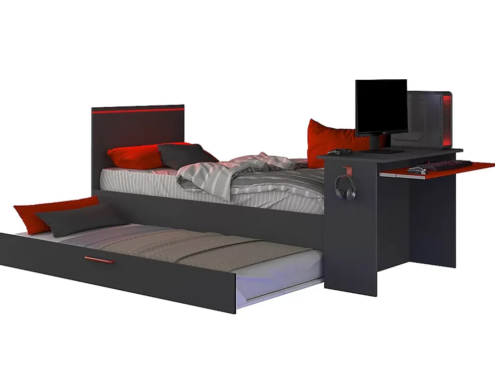 Vente-unique Lit gigogne gamer 90 x 200 et 90 x 190 cm - Avec bureau - LEDs - Anthracite et rouge + Matelas + Sommier - VOUANI*Enfant Lit Enfant