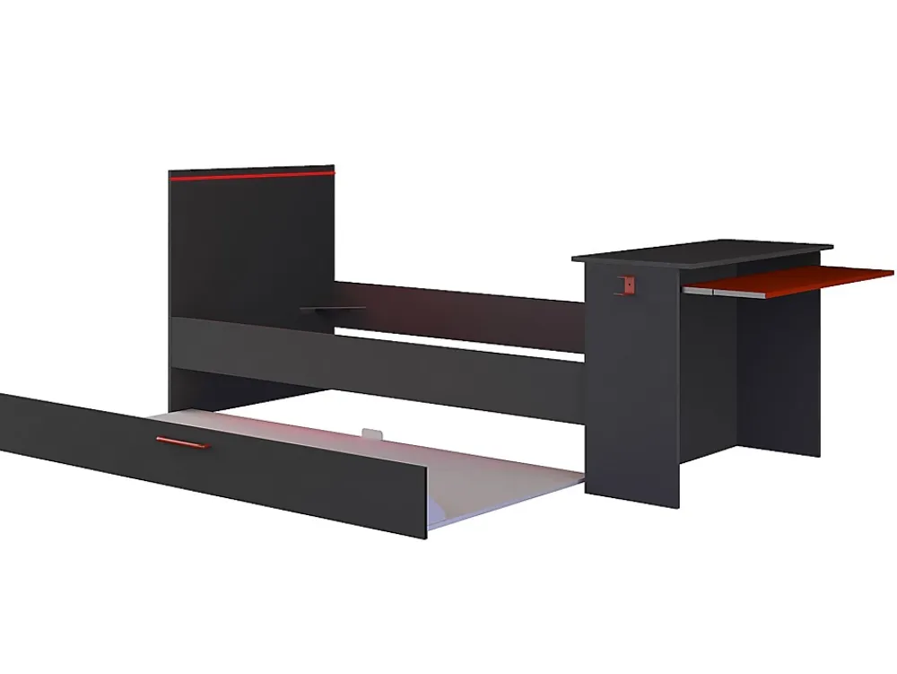 Vente-unique Lit gigogne gamer 90 x 200 et 90 x 190 cm - Avec bureau - LEDs - Anthracite et rouge + Matelas + Sommier - VOUANI*Enfant Lit Enfant