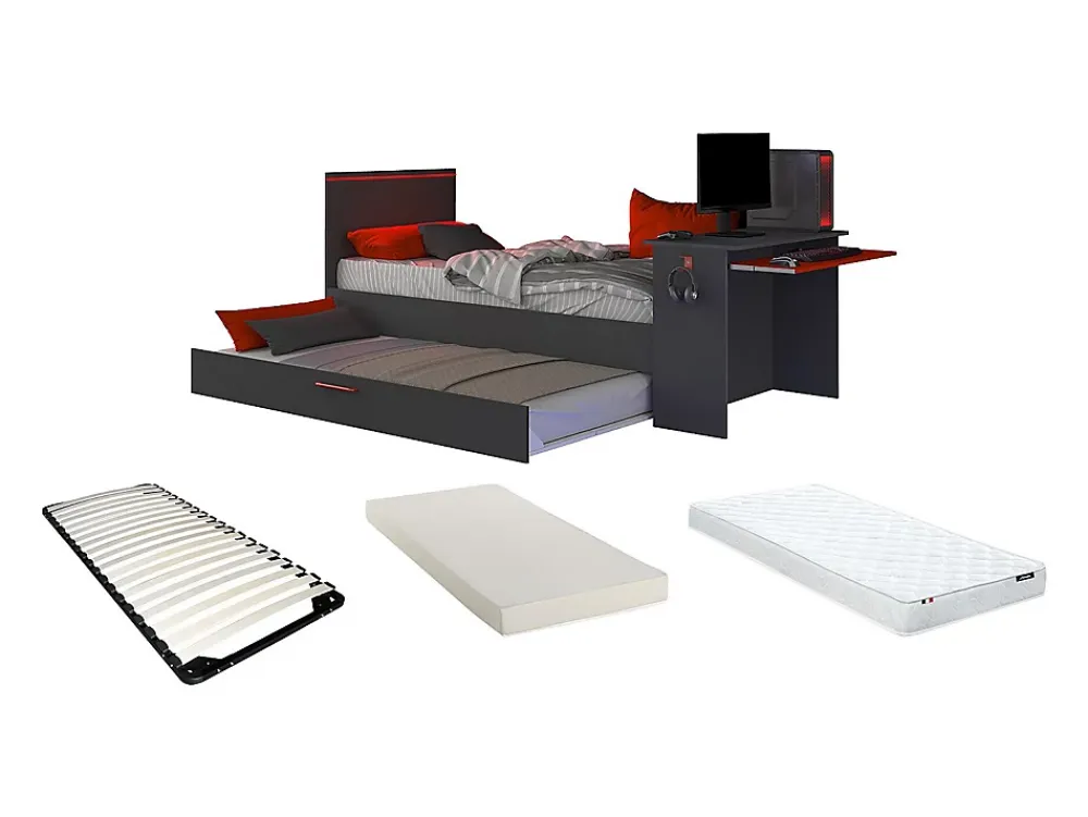 Vente-unique Lit gigogne gamer 90 x 200 et 90 x 190 cm - Avec bureau - LEDs - Anthracite et rouge + Matelas + Sommier - VOUANI*Enfant Lit Enfant