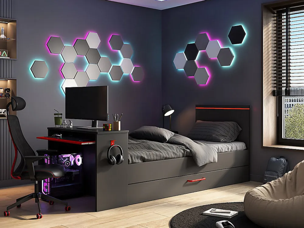 Vente-unique Lit gigogne gamer2 x 90 x 200 cm - Avec bureau - LEDs - Anthracite et rouge + Sommier - VOUANI* Lit Gigogne