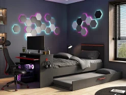 Vente-unique Lit gigogne gamer2 x 90 x 200 cm - Avec bureau - LEDs - Anthracite et rouge + Sommier - VOUANI* Lit Gigogne
