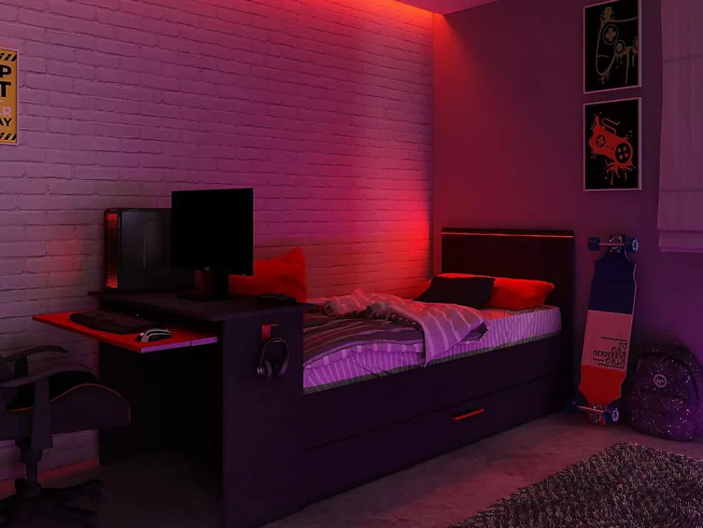 Vente-unique Lit gigogne gamer2 x 90 x 200 cm - Avec bureau - LEDs - Anthracite et rouge + Sommier - VOUANI* Lit Gigogne