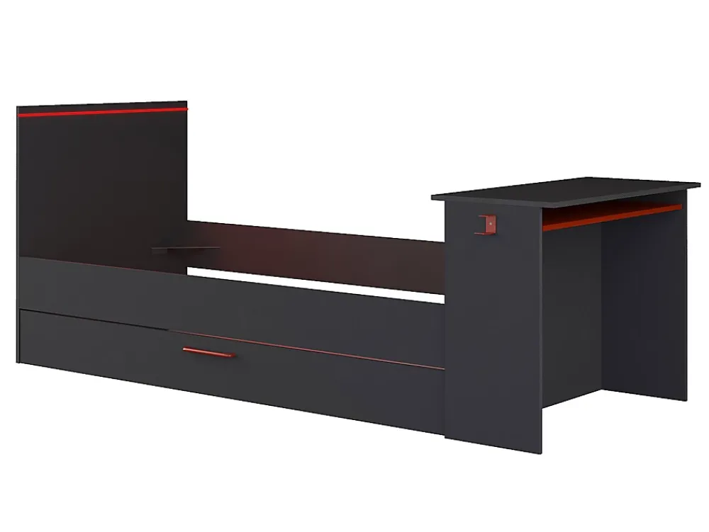 Vente-unique Lit gigogne gamer2 x 90 x 200 cm - Avec bureau - LEDs - Anthracite et rouge + Sommier - VOUANI* Lit Gigogne