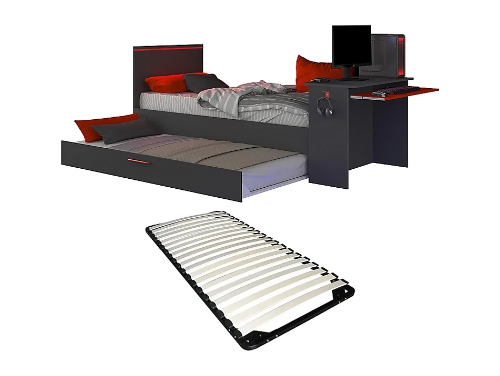 Vente-unique Lit gigogne gamer2 x 90 x 200 cm - Avec bureau - LEDs - Anthracite et rouge + Sommier - VOUANI* Lit Gigogne
