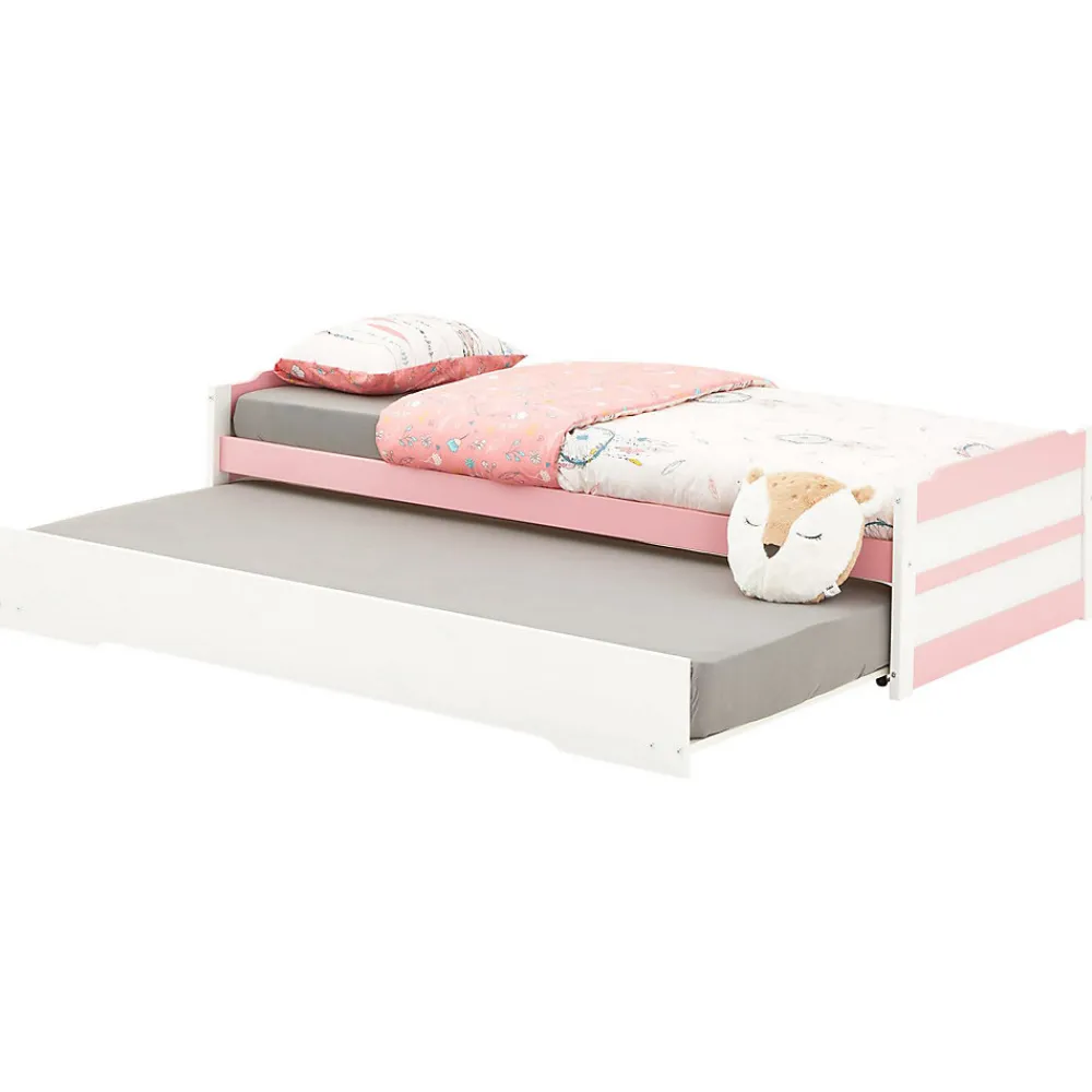Lit gigogne LORENA en pin massif, 90 x 190 cm, lasuré blanc et rose>Idimex New