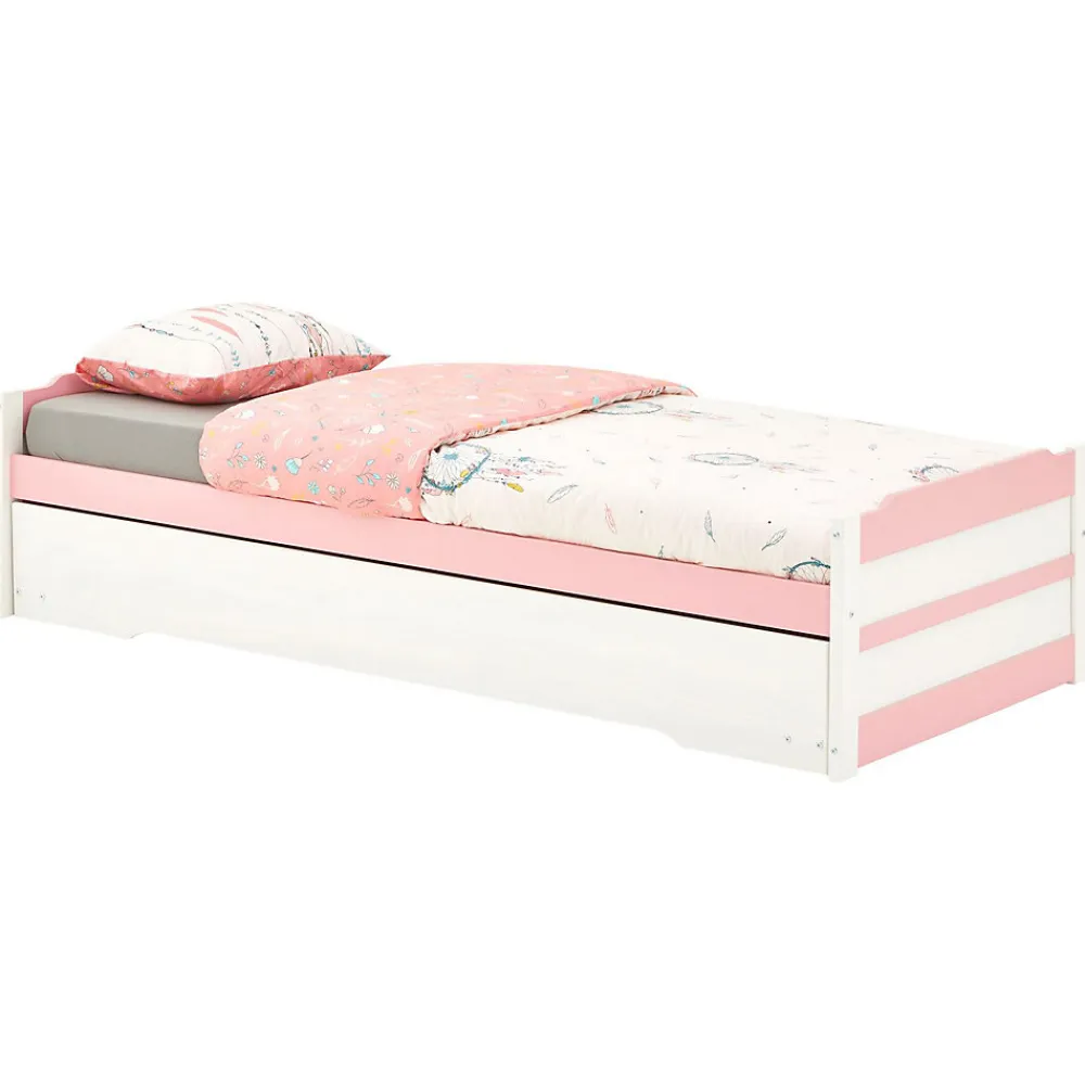 Lit gigogne LORENA en pin massif, 90 x 190 cm, lasuré blanc et rose>Idimex New