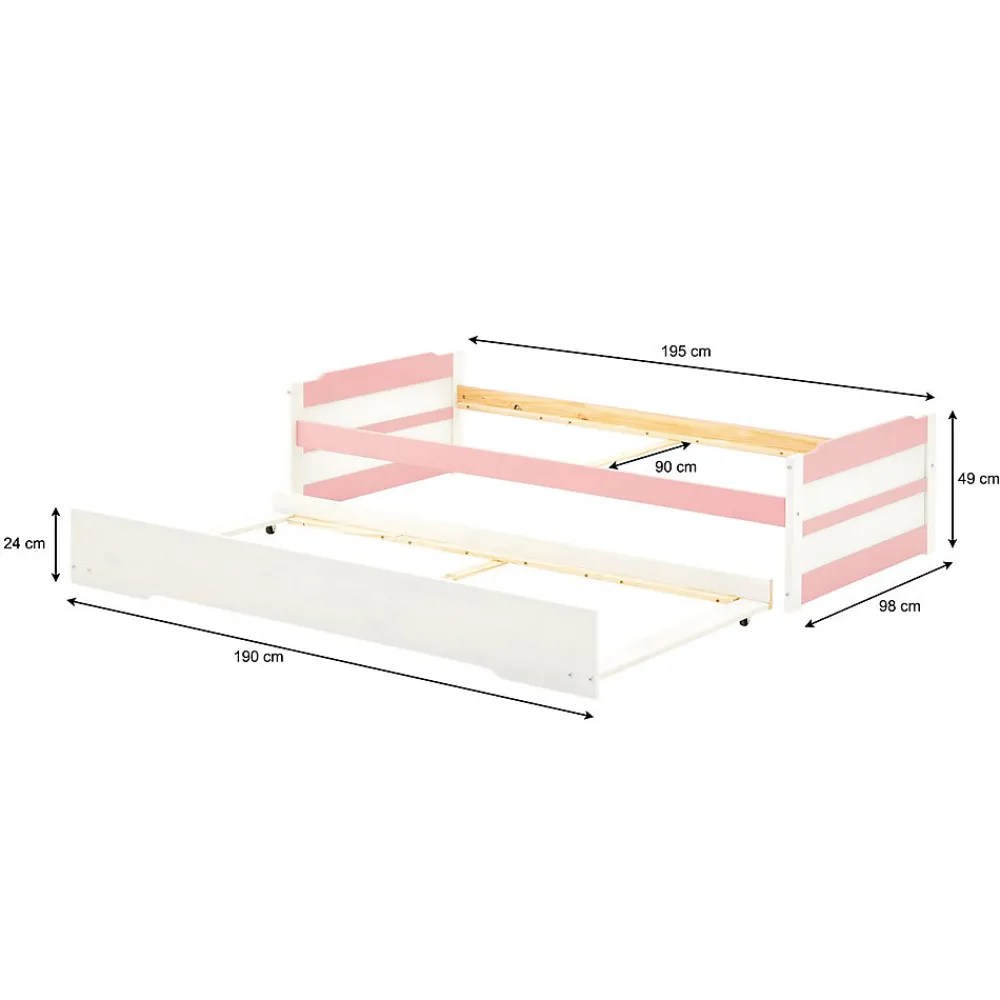 Lit gigogne LORENA en pin massif, 90 x 190 cm, lasuré blanc et rose>Idimex New