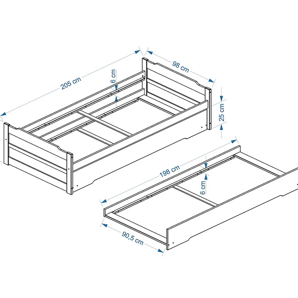 Idimex Lit gigogne LORENA en pin massif, 90 x 200 cm, lasuré blanc* Lit Gigogne