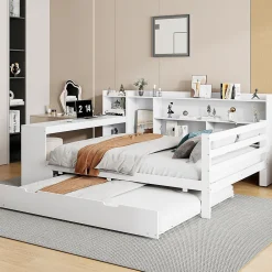 Lit Gigogne Multifonction 140x200 cm, avec Bureau et Étagères Intégrées, Lit Coulissant Sous Le Lit - Blanc - Sans Matelas>Okwish New