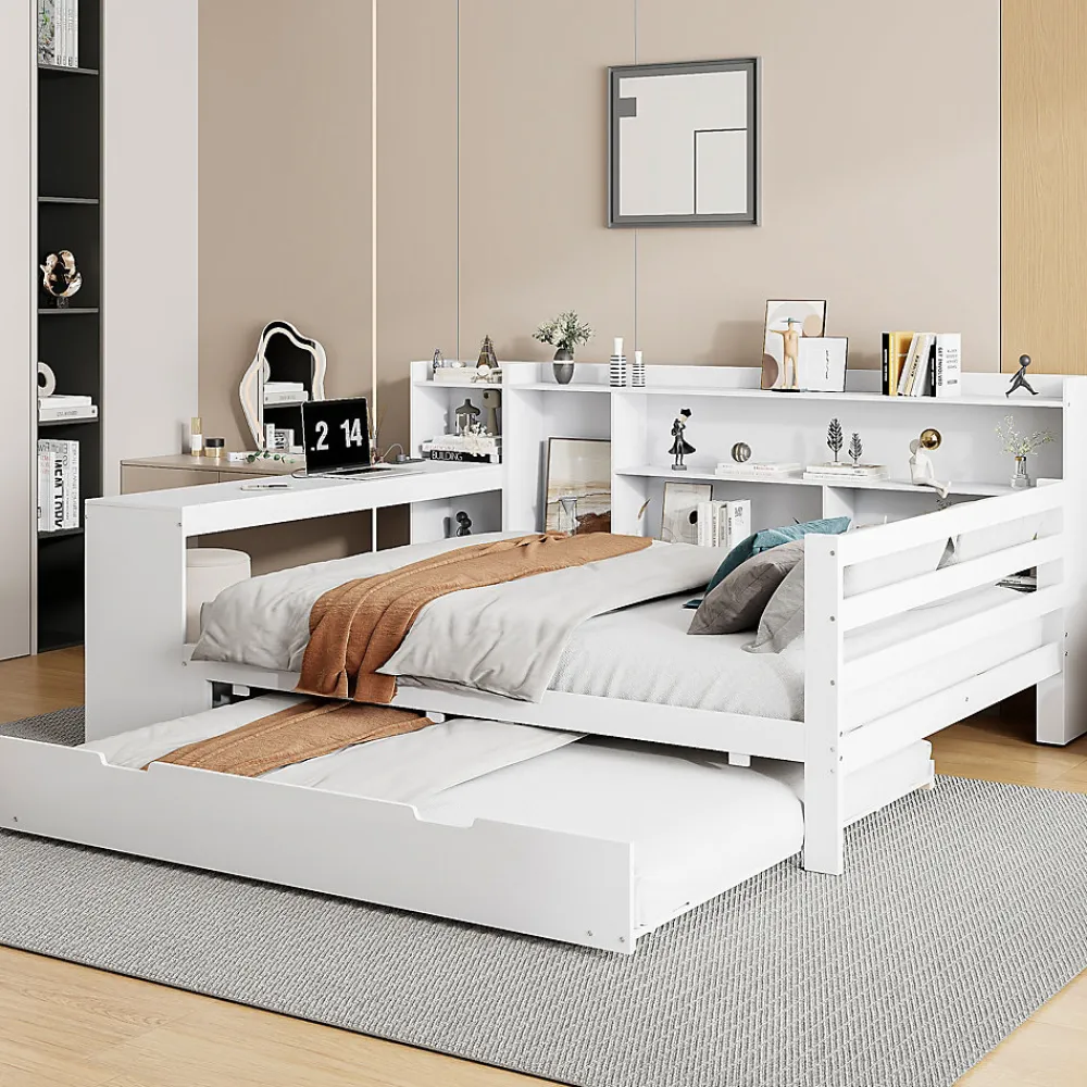 Lit Gigogne Multifonction 140x200 cm, avec Bureau et Étagères Intégrées, Lit Coulissant Sous Le Lit - Blanc - Sans Matelas>Okwish New