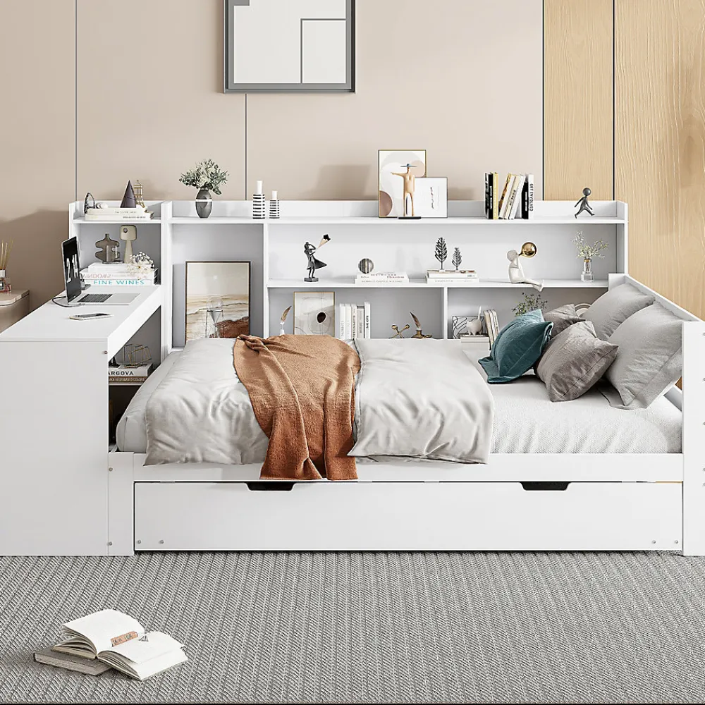 Lit Gigogne Multifonction 140x200 cm, avec Bureau et Étagères Intégrées, Lit Coulissant Sous Le Lit - Blanc - Sans Matelas>Okwish New