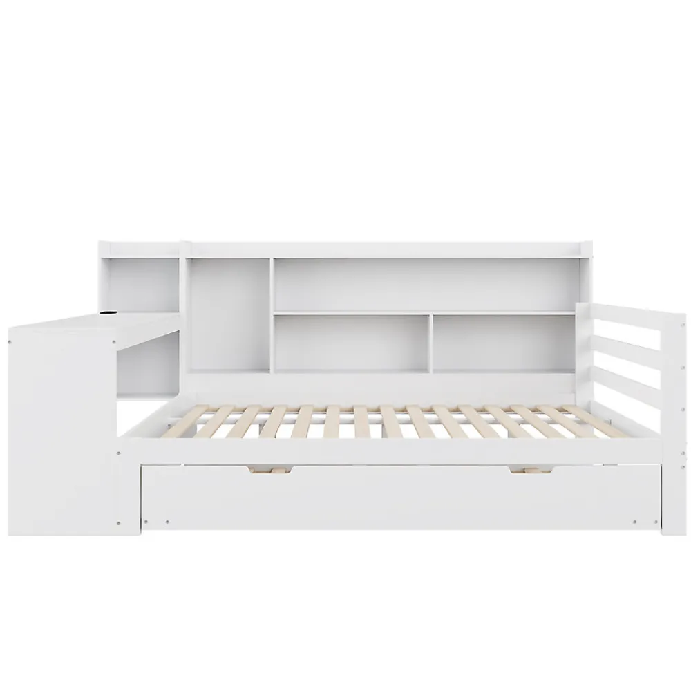 Lit Gigogne Multifonction 140x200 cm, avec Bureau et Étagères Intégrées, Lit Coulissant Sous Le Lit - Blanc - Sans Matelas>Okwish New