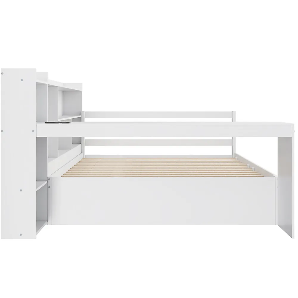 Lit Gigogne Multifonction 140x200 cm, avec Bureau et Étagères Intégrées, Lit Coulissant Sous Le Lit - Blanc - Sans Matelas>Okwish New