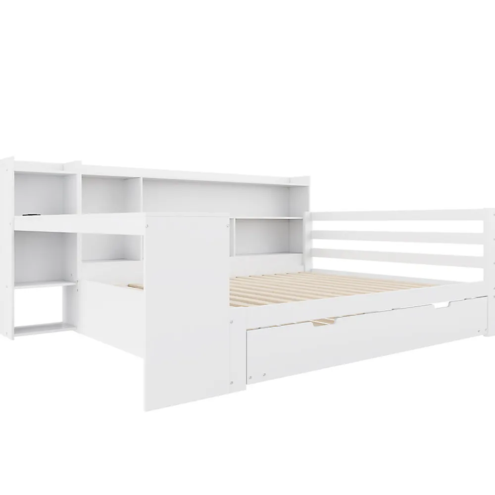 Lit Gigogne Multifonction 140x200 cm, avec Bureau et Étagères Intégrées, Lit Coulissant Sous Le Lit - Blanc - Sans Matelas>Okwish New