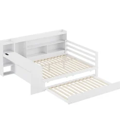 Lit Gigogne Multifonction 140x200 cm, avec Bureau et Étagères Intégrées, Lit Coulissant Sous Le Lit - Blanc - Sans Matelas><noscript><img width=