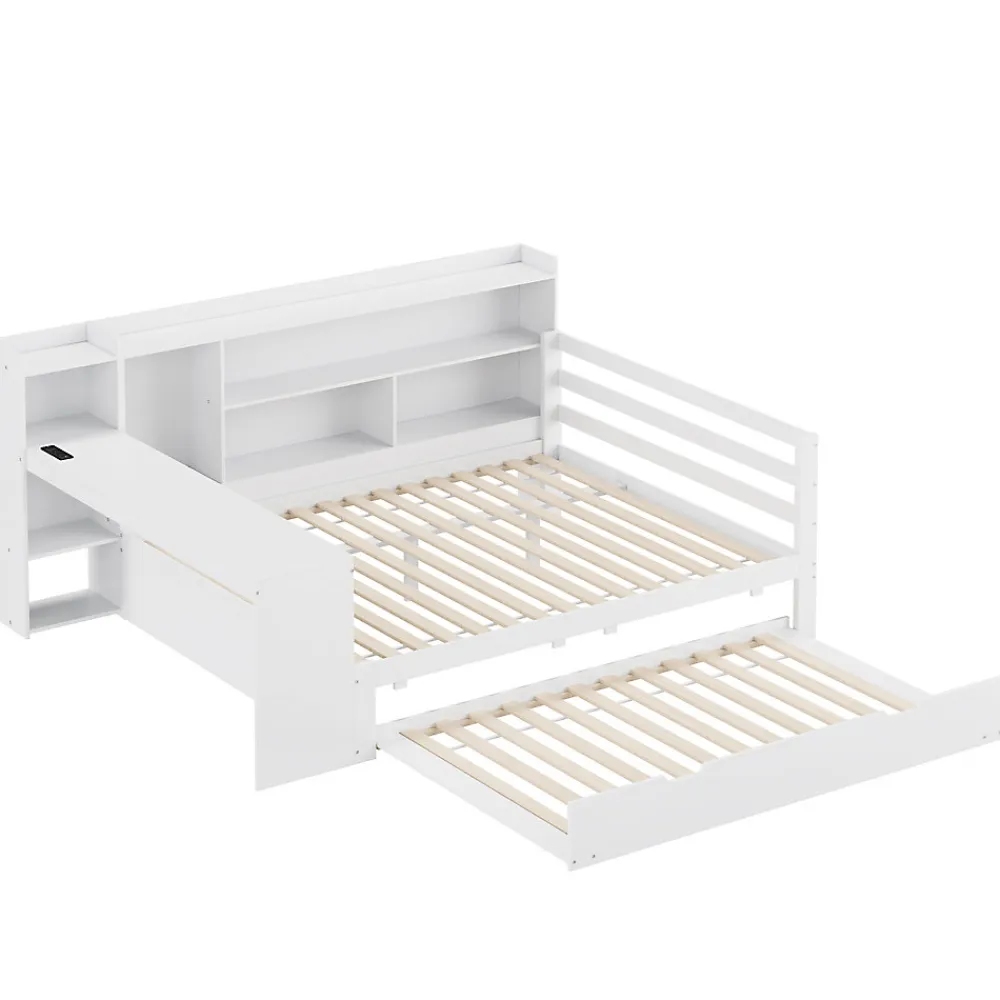 Lit Gigogne Multifonction 140x200 cm, avec Bureau et Étagères Intégrées, Lit Coulissant Sous Le Lit - Blanc - Sans Matelas>Okwish New
