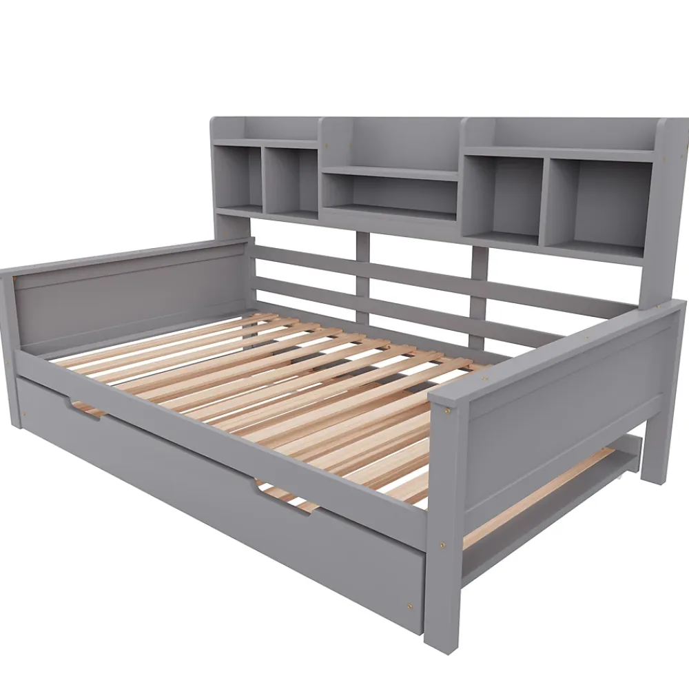Okwish Lit gigogne simple 90x200 cm en bois avec rangement intégré - multifonction, pratique et spacieux, gris, sans matelas* Lit Gigogne