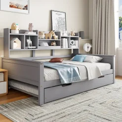 Okwish Lit gigogne simple 90x200 cm en bois avec rangement intégré - multifonction, pratique et spacieux, gris, sans matelas* Lit Gigogne
