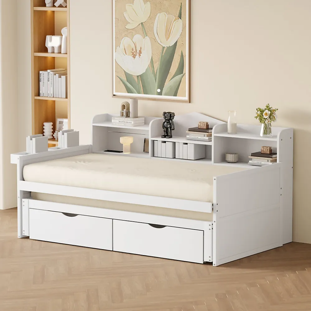 Lit Gigogne Simple 90x200 cm avec Lit 90x190 cm, Tiroirs et Grand Rangement, Port USB Intégré Bois Blanc, Multifonction, Blanc>Okwish Clearance