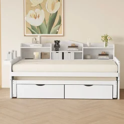 Lit Gigogne Simple 90x200 cm avec Lit 90x190 cm, Tiroirs et Grand Rangement, Port USB Intégré Bois Blanc, Multifonction, Blanc><noscript><img width=