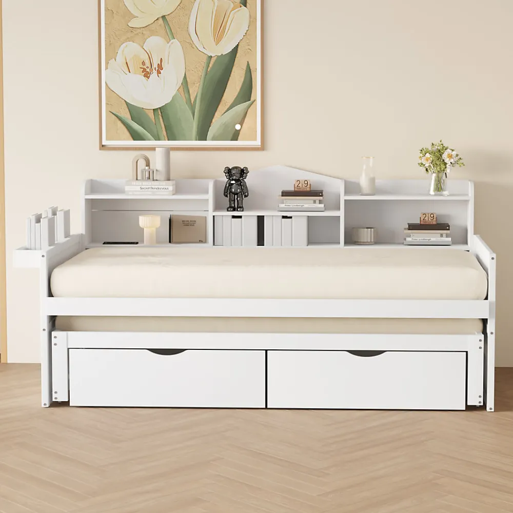 Lit Gigogne Simple 90x200 cm avec Lit 90x190 cm, Tiroirs et Grand Rangement, Port USB Intégré Bois Blanc, Multifonction, Blanc>Okwish Clearance