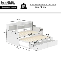 Lit Gigogne Simple 90x200 cm avec Lit 90x190 cm, Tiroirs et Grand Rangement, Port USB Intégré Bois Blanc, Multifonction, Blanc><noscript><img width=