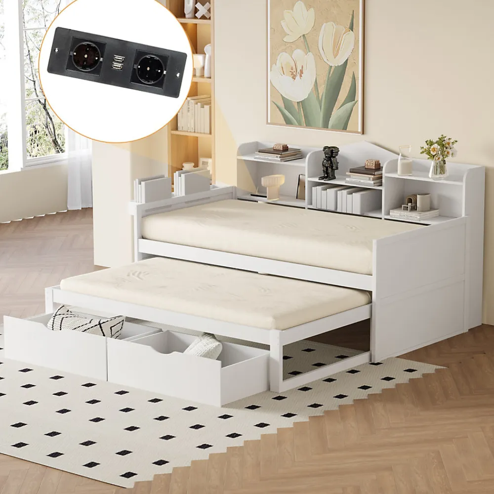 Lit Gigogne Simple 90x200 cm avec Lit 90x190 cm, Tiroirs et Grand Rangement, Port USB Intégré Bois Blanc, Multifonction, Blanc>Okwish Clearance