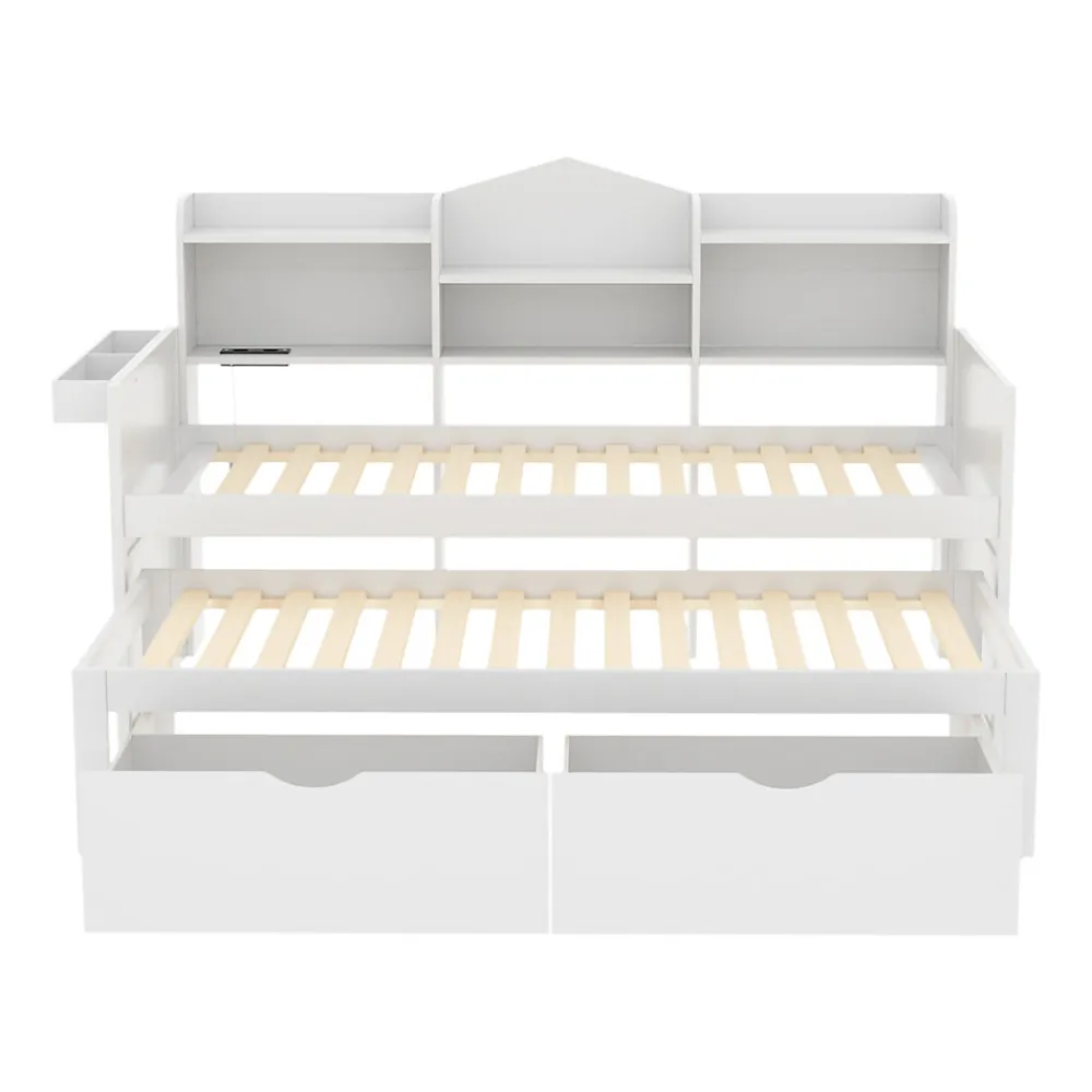 Lit Gigogne Simple 90x200 cm avec Lit 90x190 cm, Tiroirs et Grand Rangement, Port USB Intégré Bois Blanc, Multifonction, Blanc>Okwish Clearance