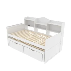 Lit Gigogne Simple 90x200 cm avec Lit 90x190 cm, Tiroirs et Grand Rangement, Port USB Intégré Bois Blanc, Multifonction, Blanc><noscript><img width=