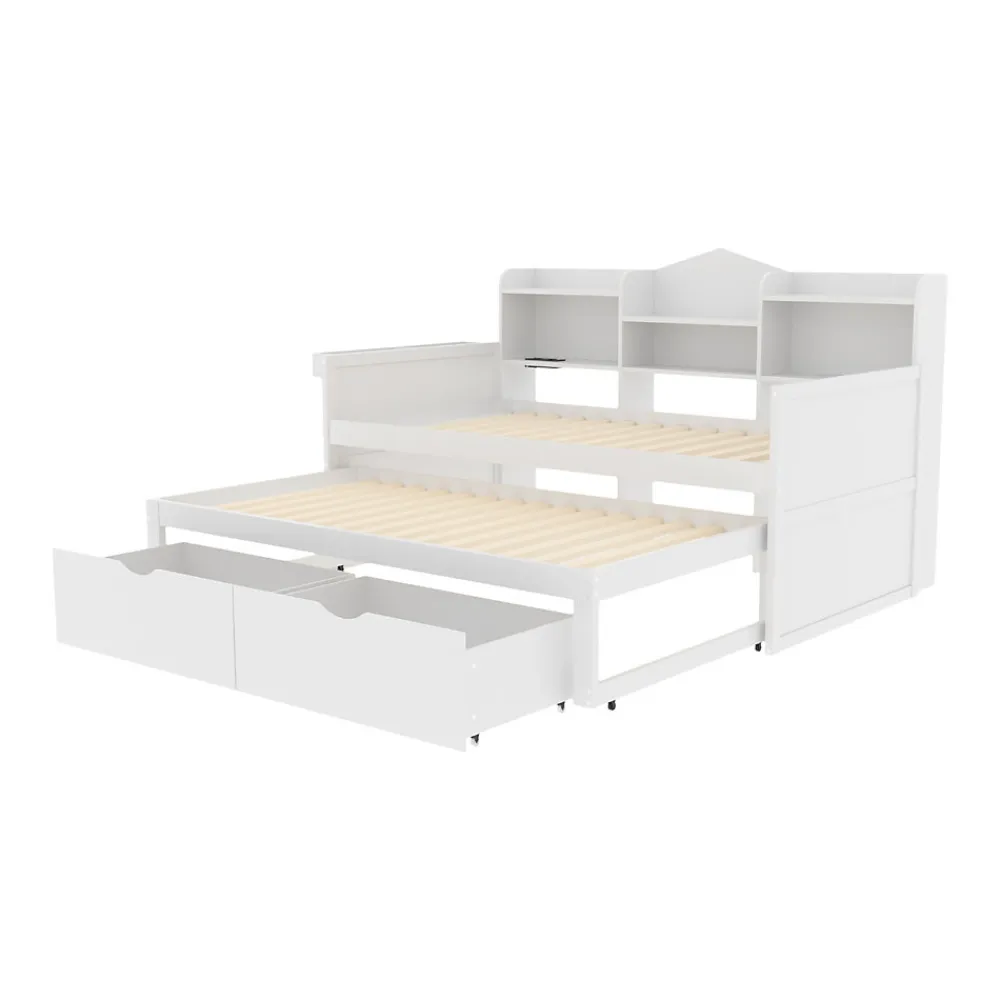 Lit Gigogne Simple 90x200 cm avec Lit 90x190 cm, Tiroirs et Grand Rangement, Port USB Intégré Bois Blanc, Multifonction, Blanc>Okwish Clearance