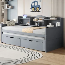 Lit Gigogne Simple 90x200 cm avec Lit 90x190 cm, Tiroirs et Grand Rangement, Port USB Intégré Bois Gris, Multifonction, Gris><noscript><img width=