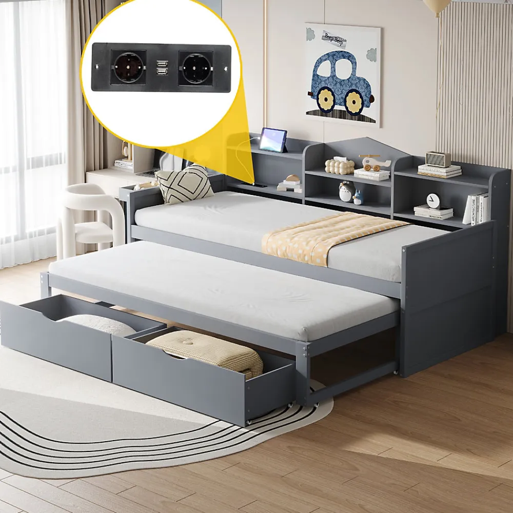 Lit Gigogne Simple 90x200 cm avec Lit 90x190 cm, Tiroirs et Grand Rangement, Port USB Intégré Bois Gris, Multifonction, Gris>Okwish Hot