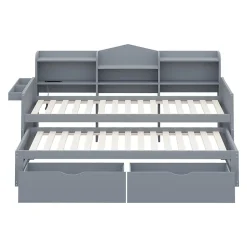 Lit Gigogne Simple 90x200 cm avec Lit 90x190 cm, Tiroirs et Grand Rangement, Port USB Intégré Bois Gris, Multifonction, Gris><noscript><img width=