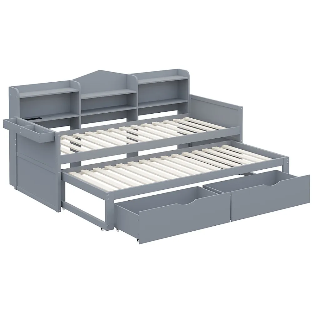 Lit Gigogne Simple 90x200 cm avec Lit 90x190 cm, Tiroirs et Grand Rangement, Port USB Intégré Bois Gris, Multifonction, Gris>Okwish Hot