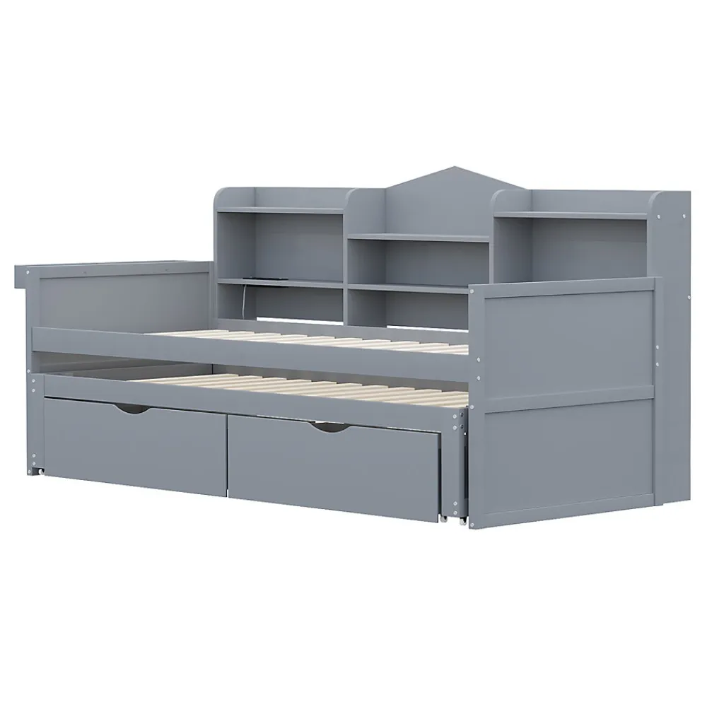Lit Gigogne Simple 90x200 cm avec Lit 90x190 cm, Tiroirs et Grand Rangement, Port USB Intégré Bois Gris, Multifonction, Gris>Okwish Hot