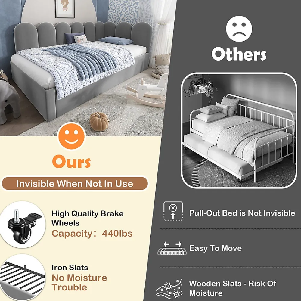 Okwish Lit Gigogne Simple 90x200 cm avec Lit Secondaire - Design Moderne Gain de Place pour Chambre enfant - Velours Gris - Sans Matelas* Lit Gigogne