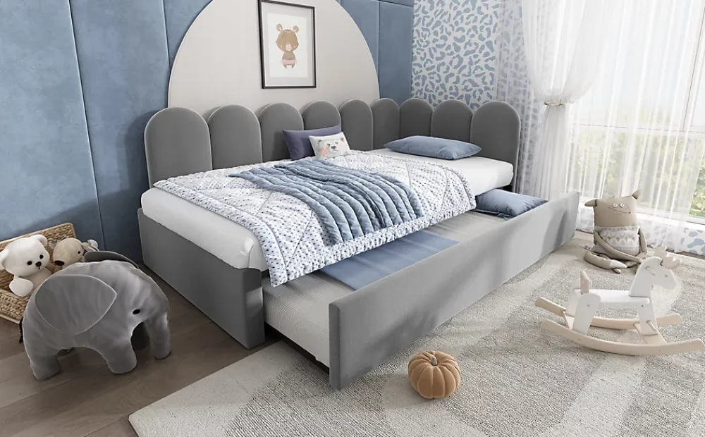Okwish Lit Gigogne Simple 90x200 cm avec Lit Secondaire - Design Moderne Gain de Place pour Chambre enfant - Velours Gris - Sans Matelas* Lit Gigogne