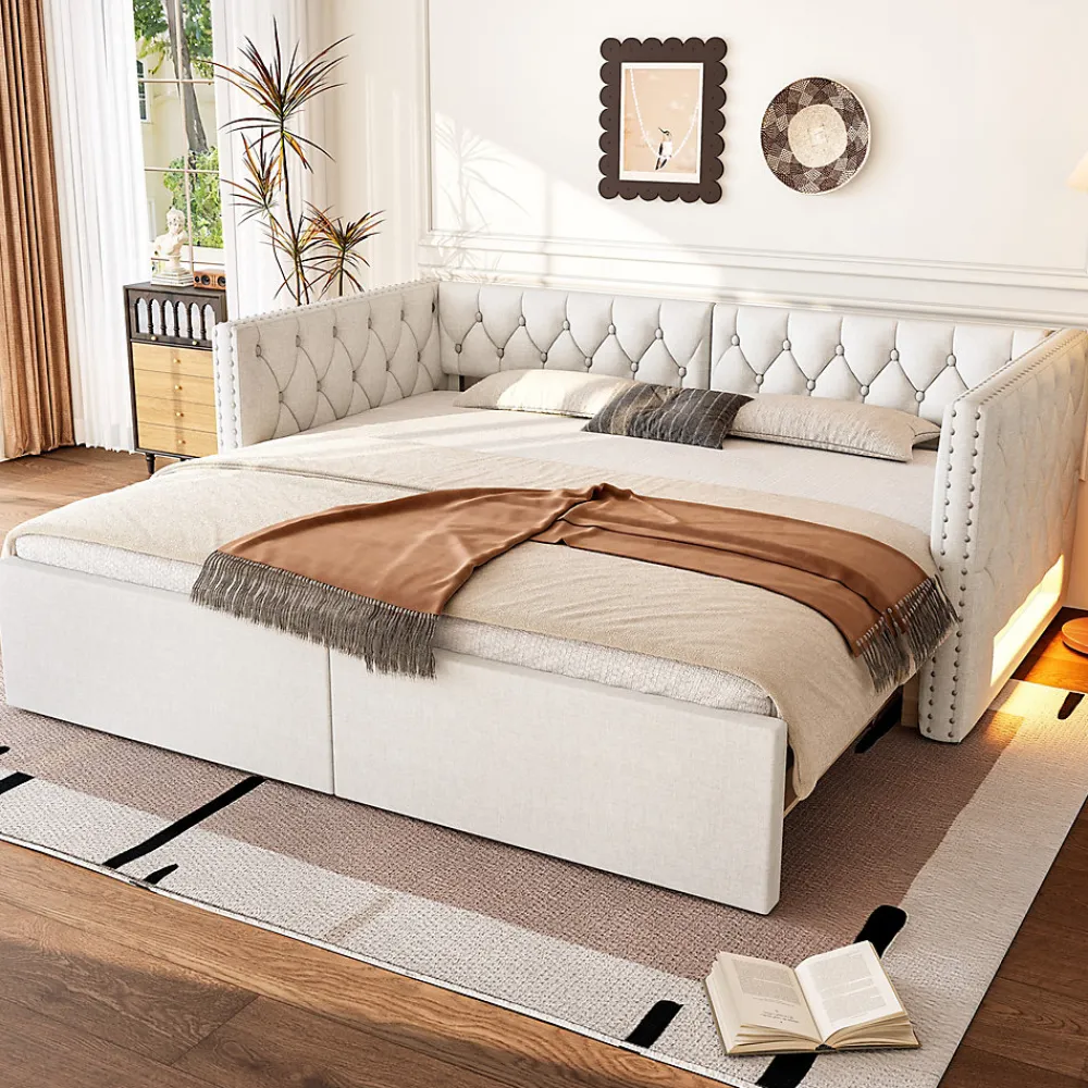 Lit Gigogne 90x200 à 180x200 cm - Lit avec Rangement Intégré et Éclairage LED - Beige>Okwish Hot