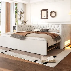 Lit Gigogne 90x200 à 180x200 cm - Lit avec Rangement Intégré et Éclairage LED - Beige>Okwish Hot