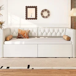 Lit Gigogne 90x200 à 180x200 cm - Lit avec Rangement Intégré et Éclairage LED - Beige><noscript><img width=