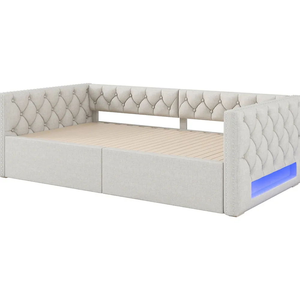 Lit Gigogne 90x200 à 180x200 cm - Lit avec Rangement Intégré et Éclairage LED - Beige>Okwish Hot