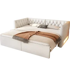 Lit Gigogne 90x200 à 180x200 cm - Lit avec Rangement Intégré et Éclairage LED - Beige><noscript><img width=