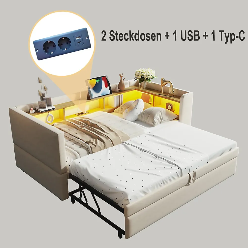 Okwish Lit Gigogne 90/180x190 cm - avec LED et Prise USB, Rangement sous Le Lit, Multifonction en Flanelle et Métal, Beige, Sans Matelas* Lit Gigogne
